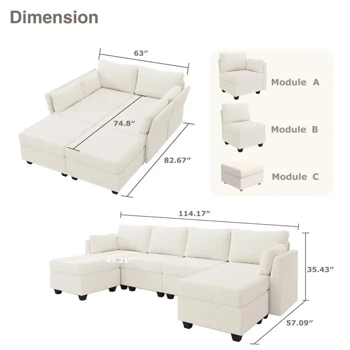 Canapé modulaire sectionnel avec rangement, mousse à mémoire de forme, convertible, en forme de U, c