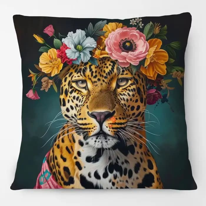 Housse de coussin avec peinture de portrait d'animaux européens, léopard couronné de fleurs, pour ca