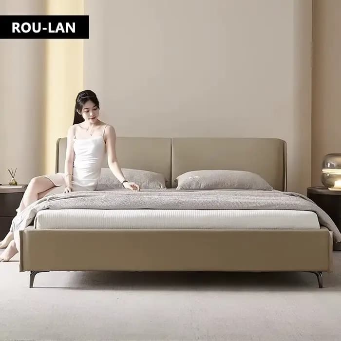 Lit en cuir souple minimaliste moderne, lit Queen, chambre principale, lit de mariage, lit double cr
