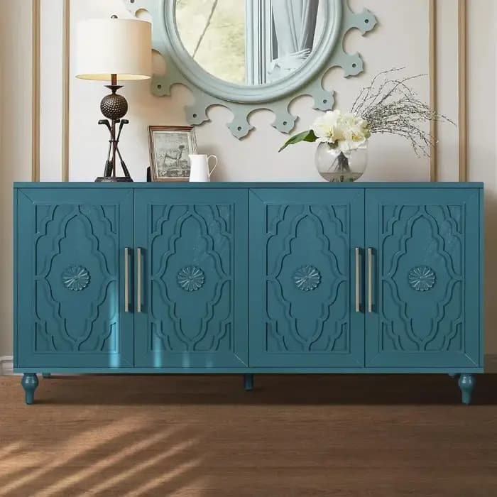 Buffet Credenzas pour salon, table d'entrée bleue de 63 pouces avec armoire d'appoint de rangement,