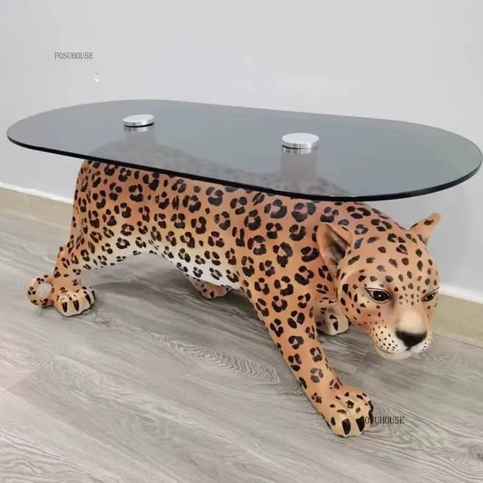 Table basse en verre avec motif léopard