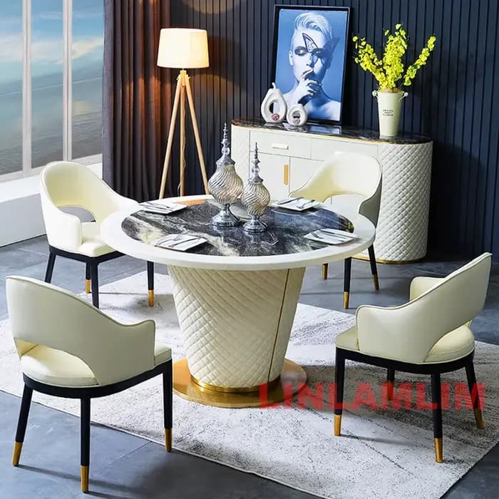 Ensemble de table à manger moderne 7 pièces pour 6 personnes, table à manger ronde en marbre avec 6