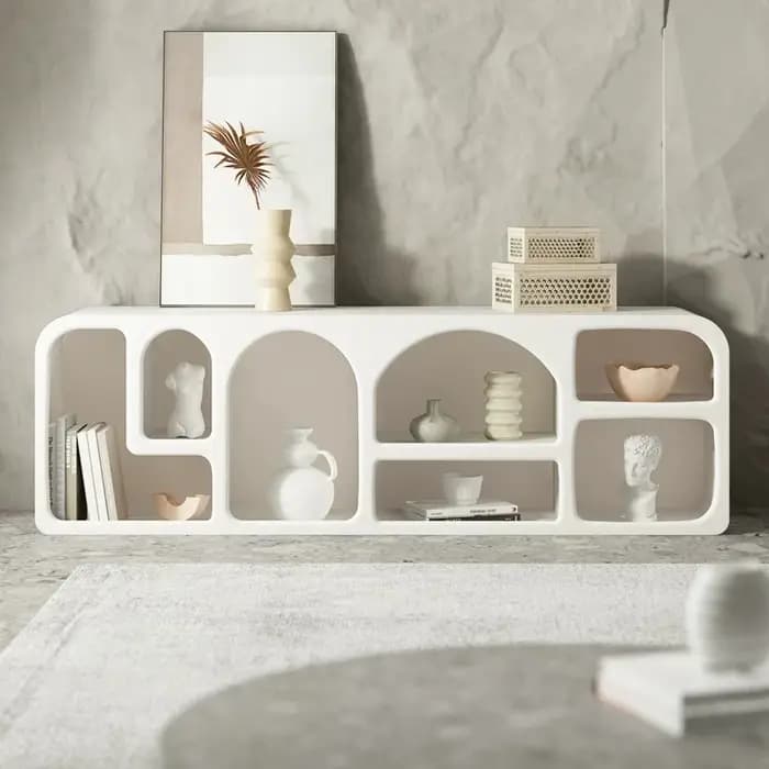 Meubles TV universels blancs, séparateurs de pièce rustiques, meubles TV cannelés, meubles pour salons, meubles de style Mid-Century
