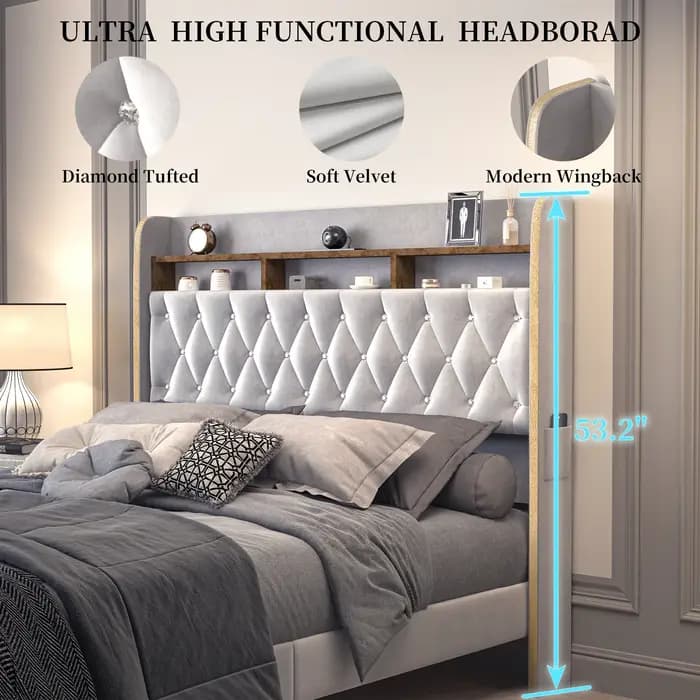 Cadre de lit Queen LED avec rangement, projecteur d'étoiles, station de recharge, tête de lit à 2 ni