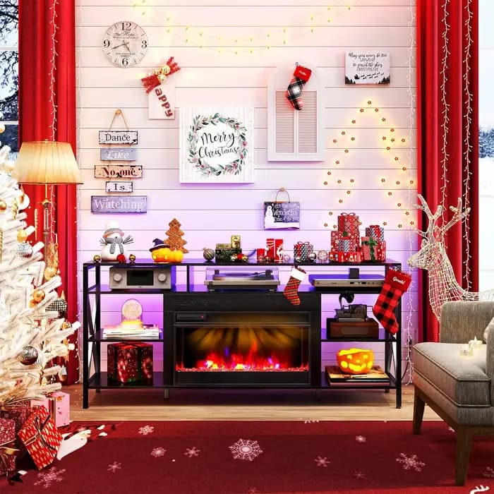 Meuble TV 60 pouces avec foyer électrique 27,5 pouces, console multiprise, armoire de rangement LED,
