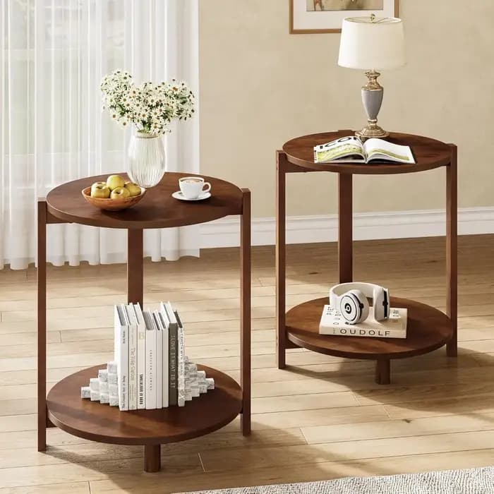 Table d'appoint en bois massif pour salon, petite table ronde avec rangement à 2 niveaux, table de c
