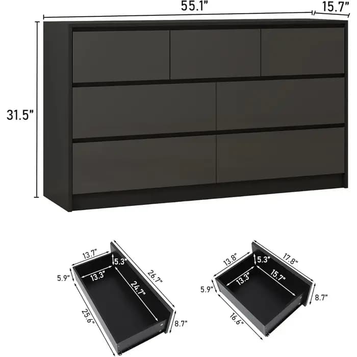 Commode Malm noire pour chambre à coucher, commode haute brillance de 55 pouces de long avec 7 tiroi