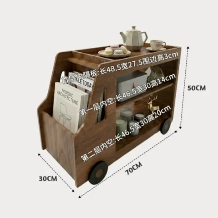 Table basse vintage avec rangement sur roulettes