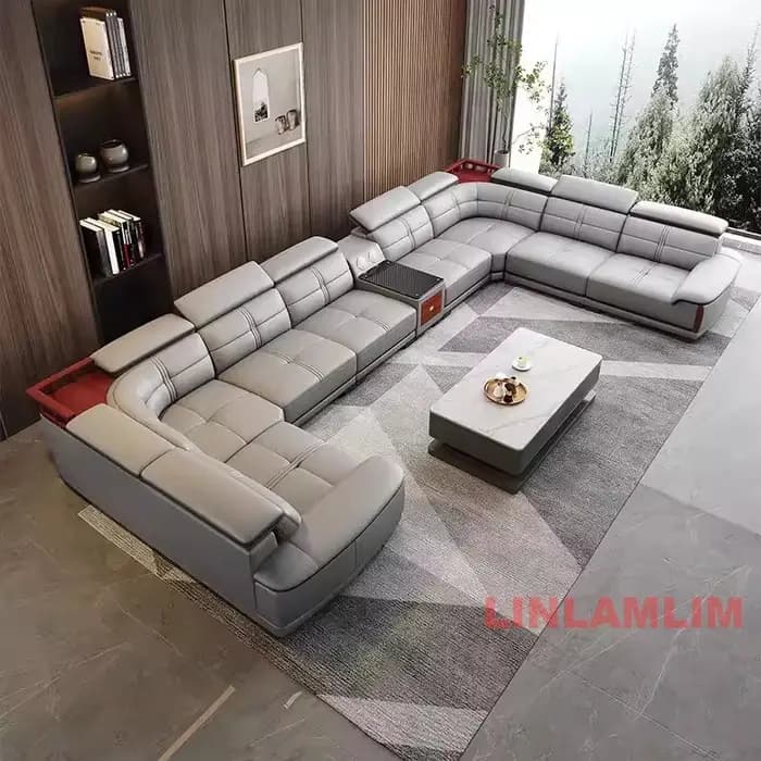 Grand canapé en cuir véritable avec chaise longue