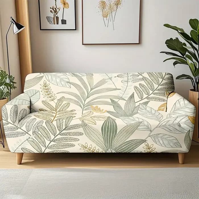 Housse de canapé extensible à imprimé feuilles tropicales vert sauge bohème