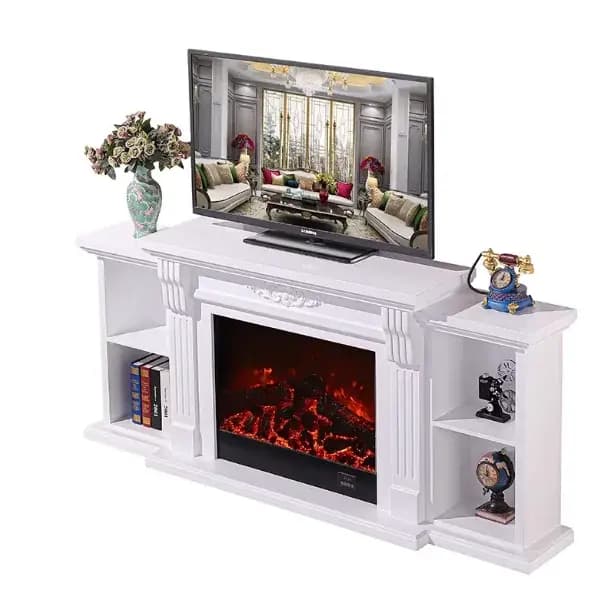 Meuble TV avec cheminée pour salon et chambre à coucher, contour de pierre empilée et télécommande,