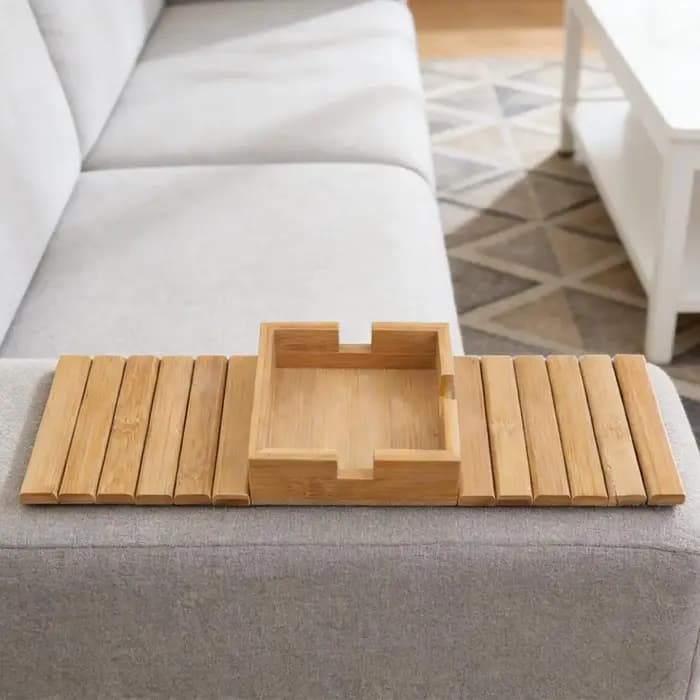 Table d'accoudoir en bois pour canapé avec porte-gobelet, plateau antidérapant pour accoudoir de canapé, organisateur de collations pour salon, chambre à coucher, protection de canapé