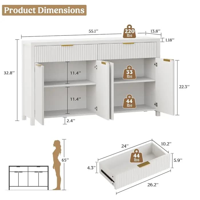 Buffet blanc cannelé avec rangement, 55 pouces, grand meuble de rangement en bois avec étagères régl