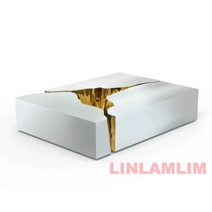Table basse design haute brillance, table à café moderne en acier inoxydable avec incrustation dorée