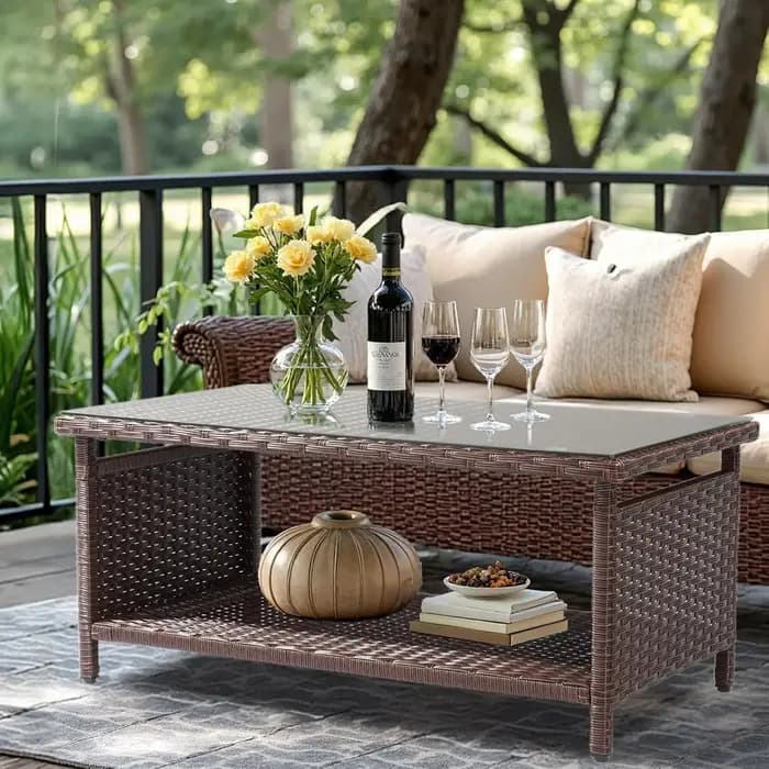 Table basse d'extérieur en osier avec plateau en verre trempé et rangement pour patio