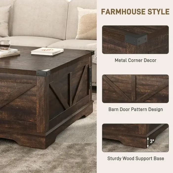 Meilleure vente : Table basse relevable de style farmhouse de 40 pouces avec prises électriques et g
