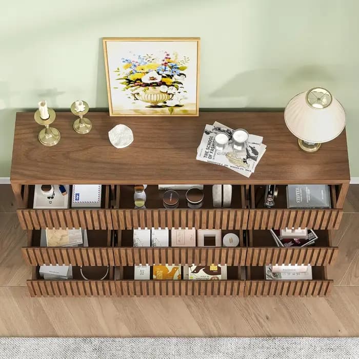 Commode à 9 tiroirs à nervures, grande commode de style mid-century pour chambre à coucher, 58 pouce