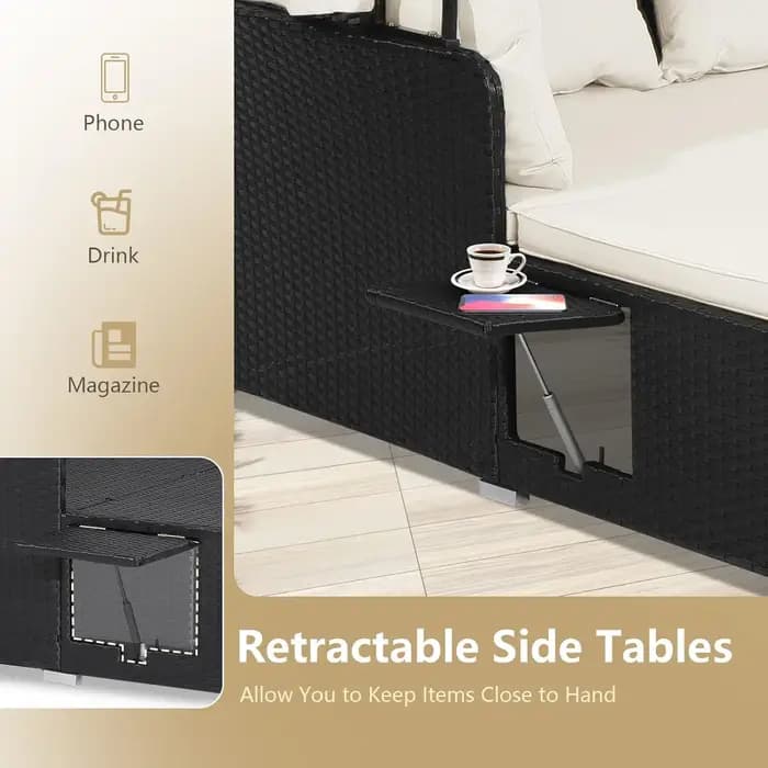 Lit de repos d'extérieur avec auvent rétractable, ensemble de meubles de patio en osier avec coussin