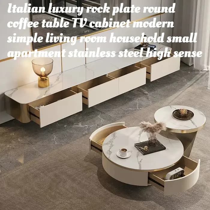 Ensemble de meubles de salon de luxe moderne italien : Meuble TV et table basse ronde en marbre avec rangement