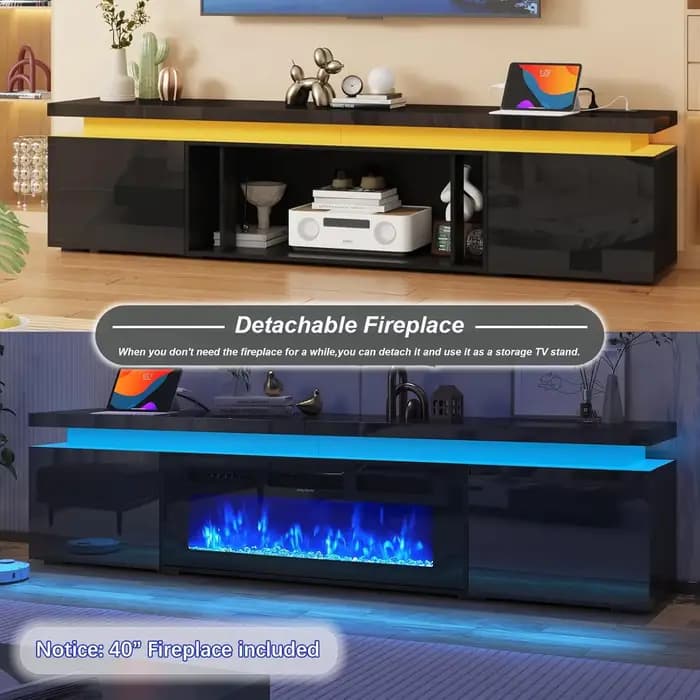 Meuble TV LED 83 pouces avec foyer électrique et prise de courant, surface haute brillance, 2 armoir