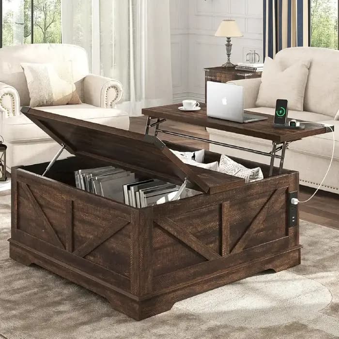Meilleure vente : Table basse relevable de style farmhouse de 40 pouces avec prises électriques et g