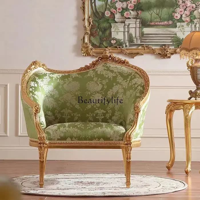 * Canapé français rétro en bois massif sculpté de fleurs, chaise de loisirs en tissu pour villa euro