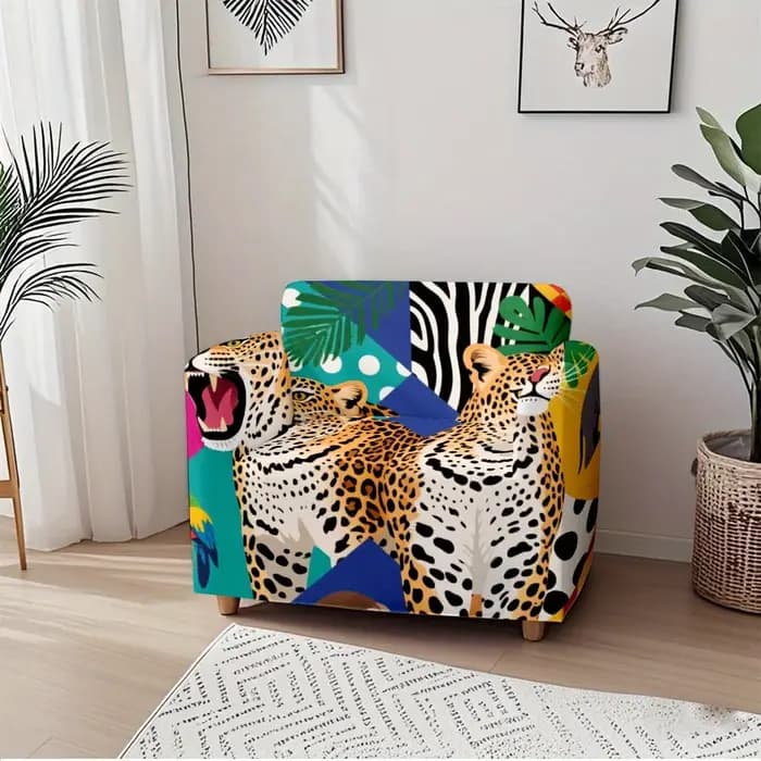 Housse de canapé extensible à imprimé léopard tropical avec patchwork éléphant et perroquet