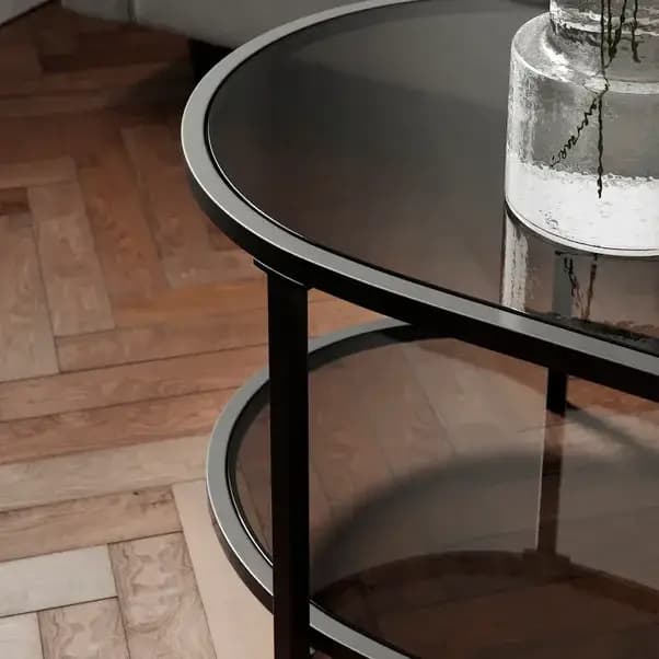 Table basse moderne à deux niveaux en verre avec pieds en métal noir - Meuble de salon pour café