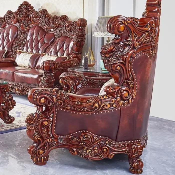 Ensemble de canapés de luxe européen en bois massif sculpté et cuir pleine fleur