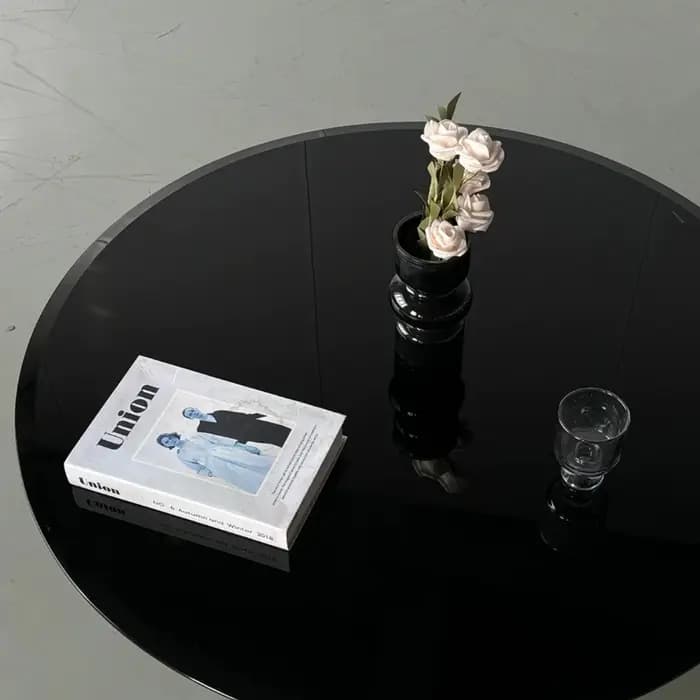 Table basse ronde transparente en acier inoxydable noir