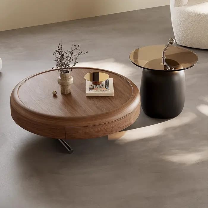 Table basse ronde élégante avec rangement caché et table d'appoint chic