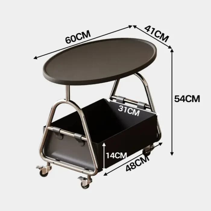 Tables d'appoint ovales noires en métal avec roulettes