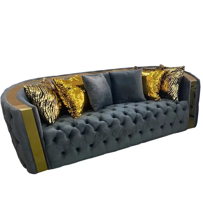 Ensemble de canapés capitonnés en cuir véritable de luxe – Canapé Chesterfield avec dossier incurvé et boutons