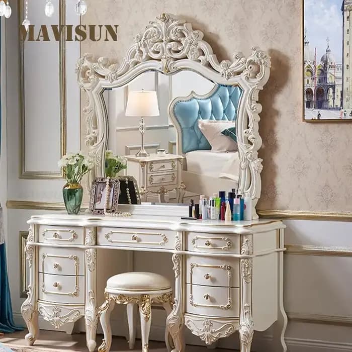 Coiffeuse dorée de luxe avec grand miroir, sculptée avec raffinement, style européen, pour chambre à