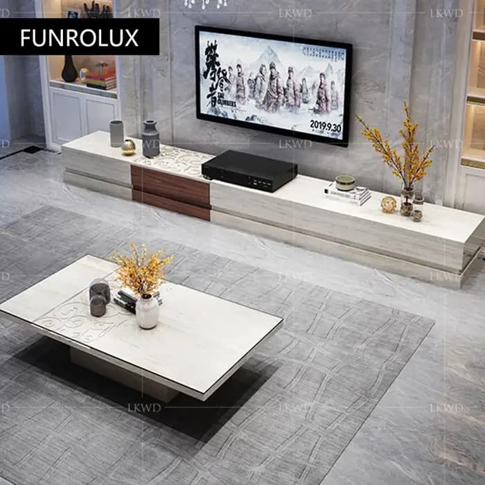 Pierre de grotte naturelle moderne trou blanc sculpté meuble TV et combinaison de table à thé ensemble bas armoire cabinetS-103G de sol