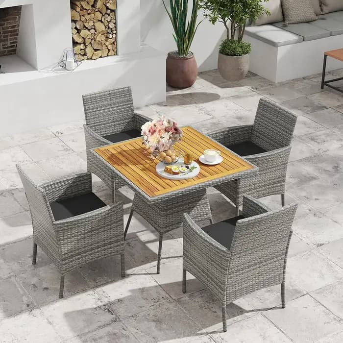 Ensemble de salle à manger de jardin en rotin PE 5 pièces, table, chaises, coussins, terrasse extéri