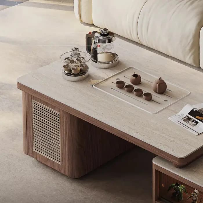 Table basse rectangulaire portable en bois massif avec rangement