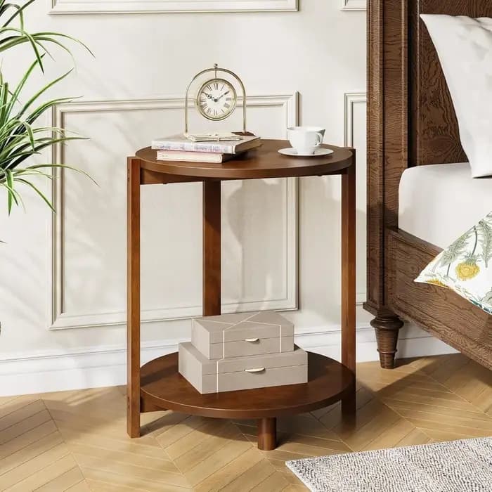 Table d'appoint en bois massif pour salon, petite table ronde avec rangement à 2 niveaux, table de c