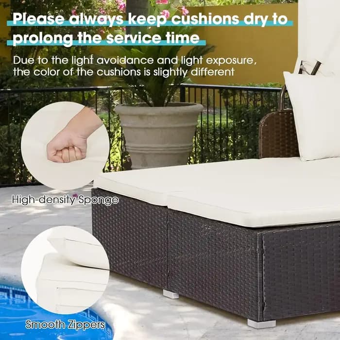 Lit de repos d'extérieur avec auvent rétractable, ensemble de meubles de patio en osier avec coussin