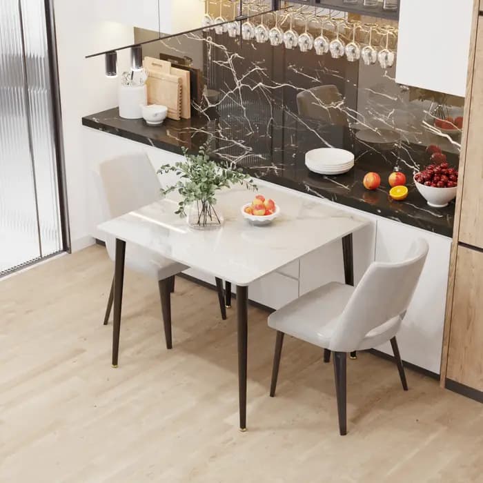 Table à manger de cuisine en ardoise du milieu du siècle, avec plateau en pierre frittée et pieds en