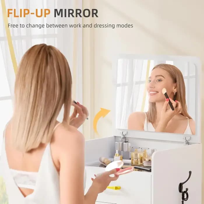 Coiffeuse 3 en 1 avec miroir rabattable pour chambre à coucher, petite coiffeuse compacte avec plate