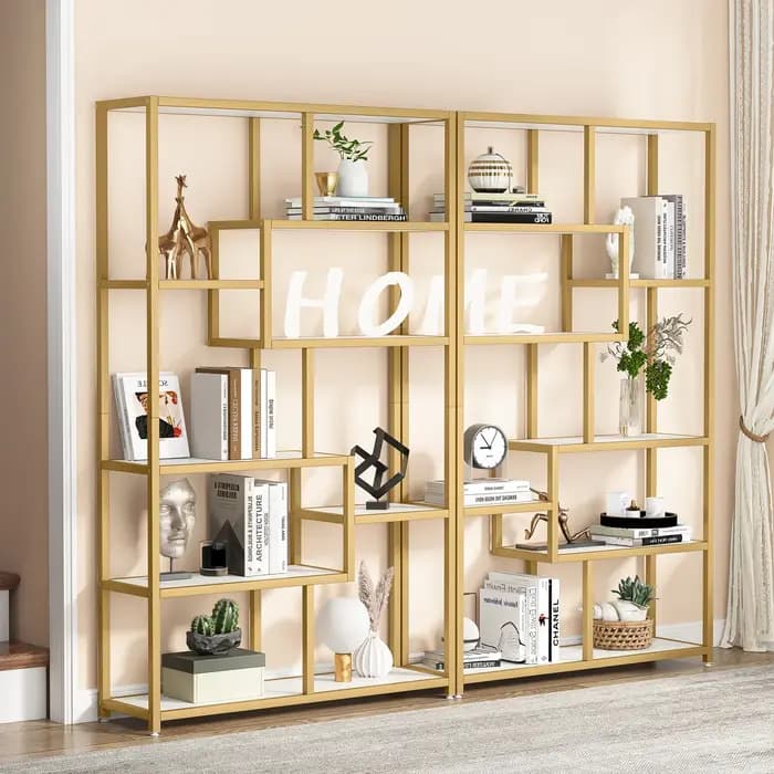 Tribesigns-Bibliothèque en Faux Marbre, Étagère Ouverte en Or à 8 Étagères, Présentoir à Livres Mode
