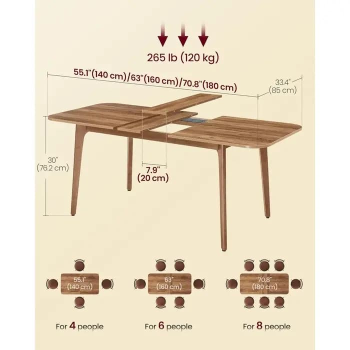 Table à manger pour 4/6/8, table de cuisine extensible avec pieds coniques, transitions incurvées, p