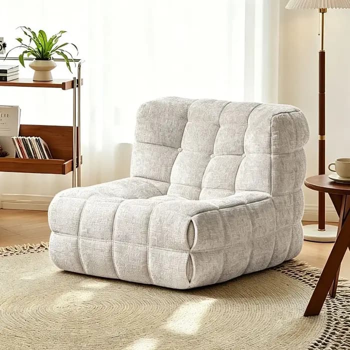 Fauteuil de sol rétro décontracté pour salon, balcon, chambre à coucher, style tatami, avec tissu gaufré et coussin épais confortable.