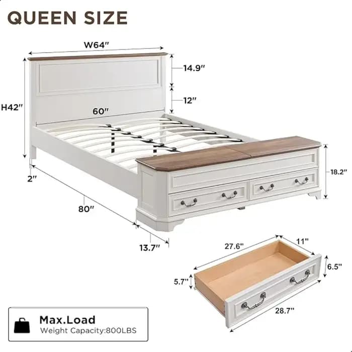 Lit king-size style farmhouse avec tête de lit et banc de rangement, lit plateforme en bois rustique