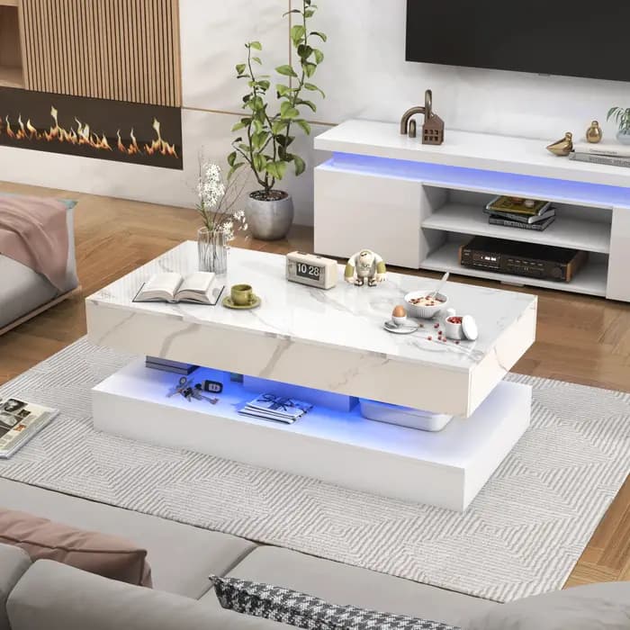 Table basse moderne avec lumières LED, table basse avec 2 rangements, design double couche, salon