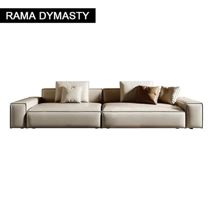 Canapé moderne rembourré en cuir véritable beige à 3 places avec oreillers