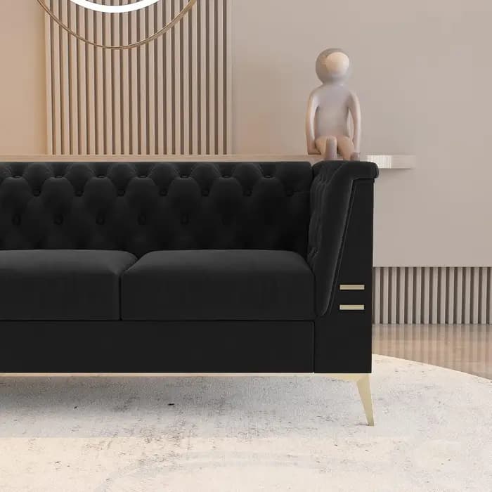 Canapé Chesterfield en velours 3 places capitonné avec pieds en métal doré Salon rembourré confortab