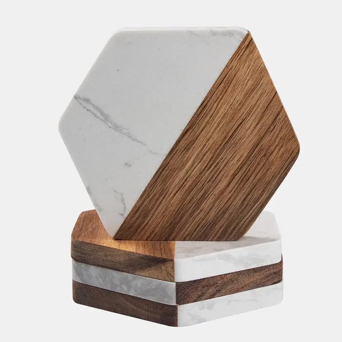 Tapis de tasse à thé Hexagonal en marbre et bois d'acacia