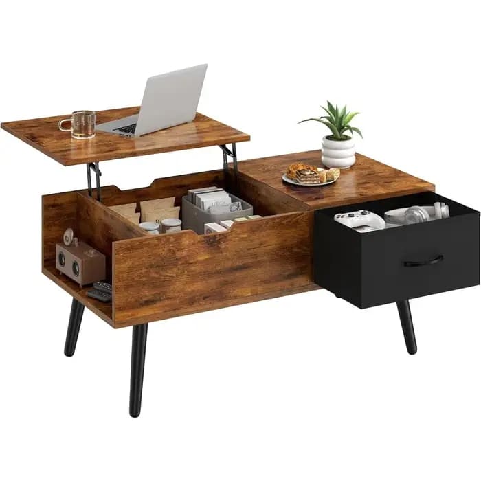 Table basse relevable pour salon, petites tables centrales en bois avec grand rangement